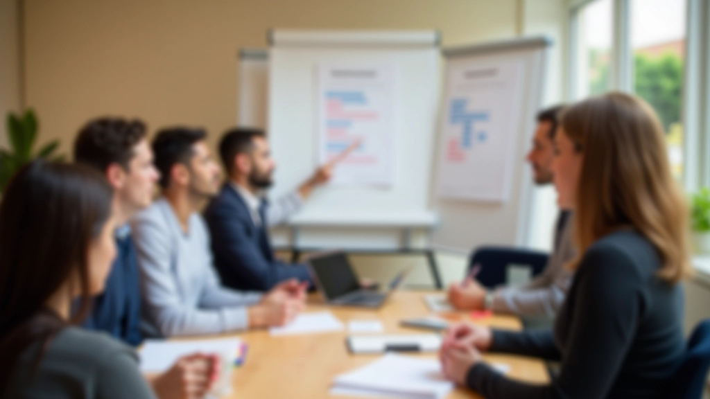 Ambiente de trabalho colaborativo com profissionais em discussão, whiteboard com notas de apresentação, luz natural e ambiente acolhedor