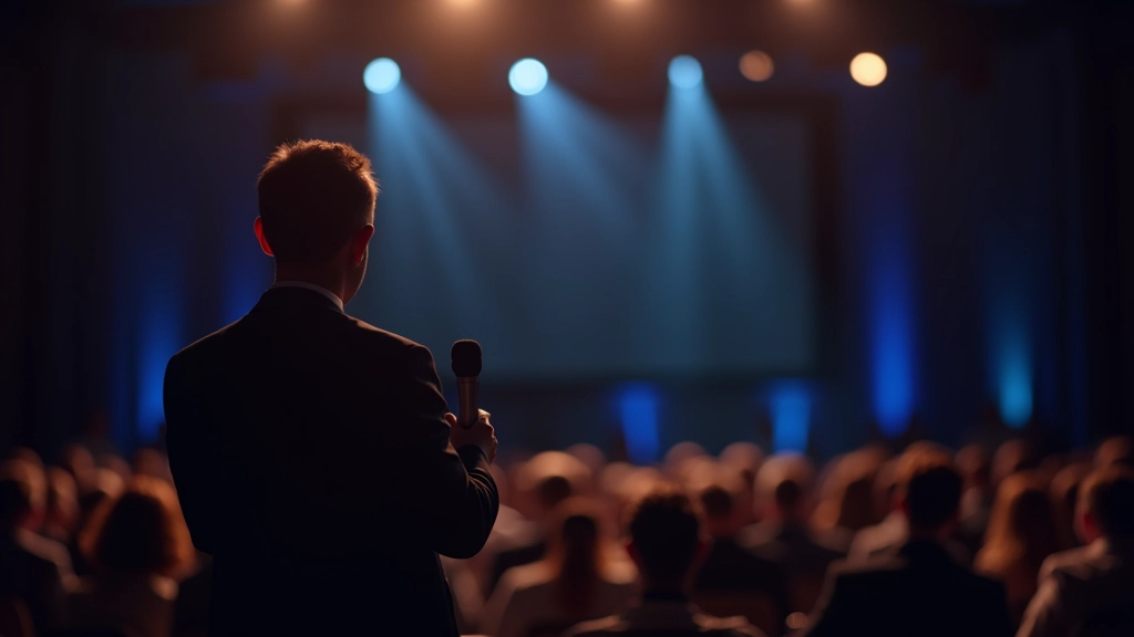 Apresentador profissional num palco moderno com iluminação profissional, microfone e background desfocado, atmosfera de conferência