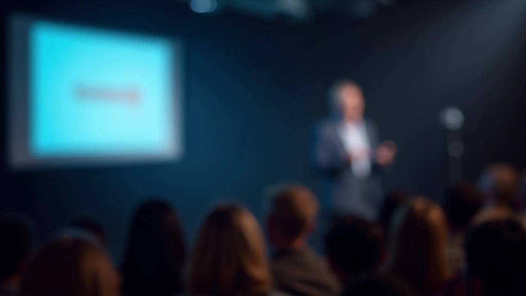 Apresentador profissional numa fase moderna com projetor de slides, audiência desfocada ao fundo, luz de palco profissional