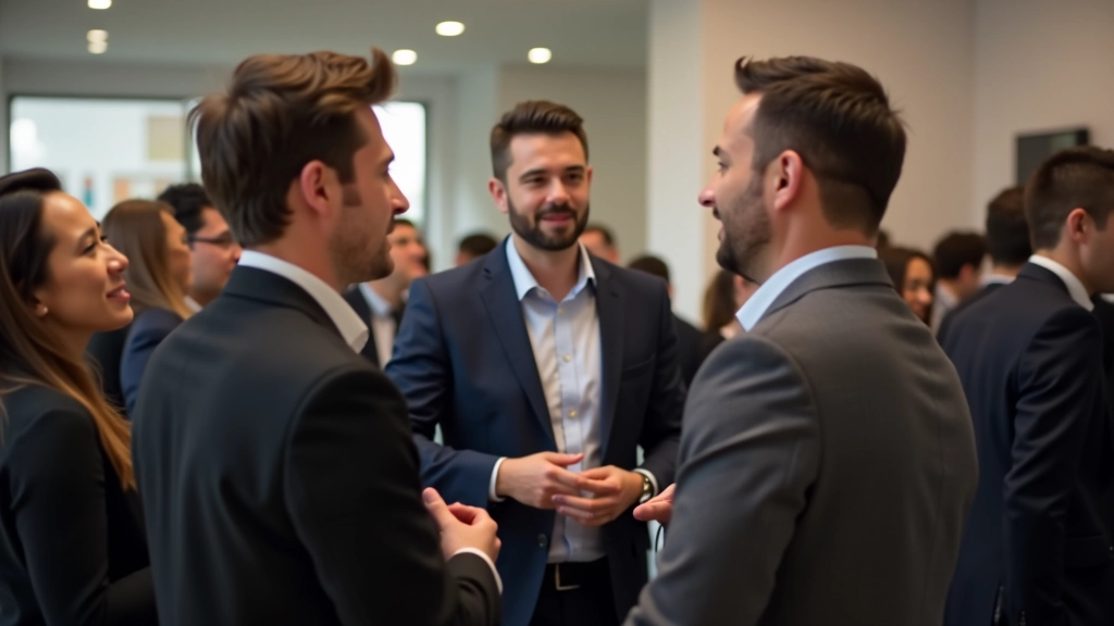 Grupo de pessoas conversando durante evento de networking, alguns de pé interagindo, ambiente profissional e acessível
